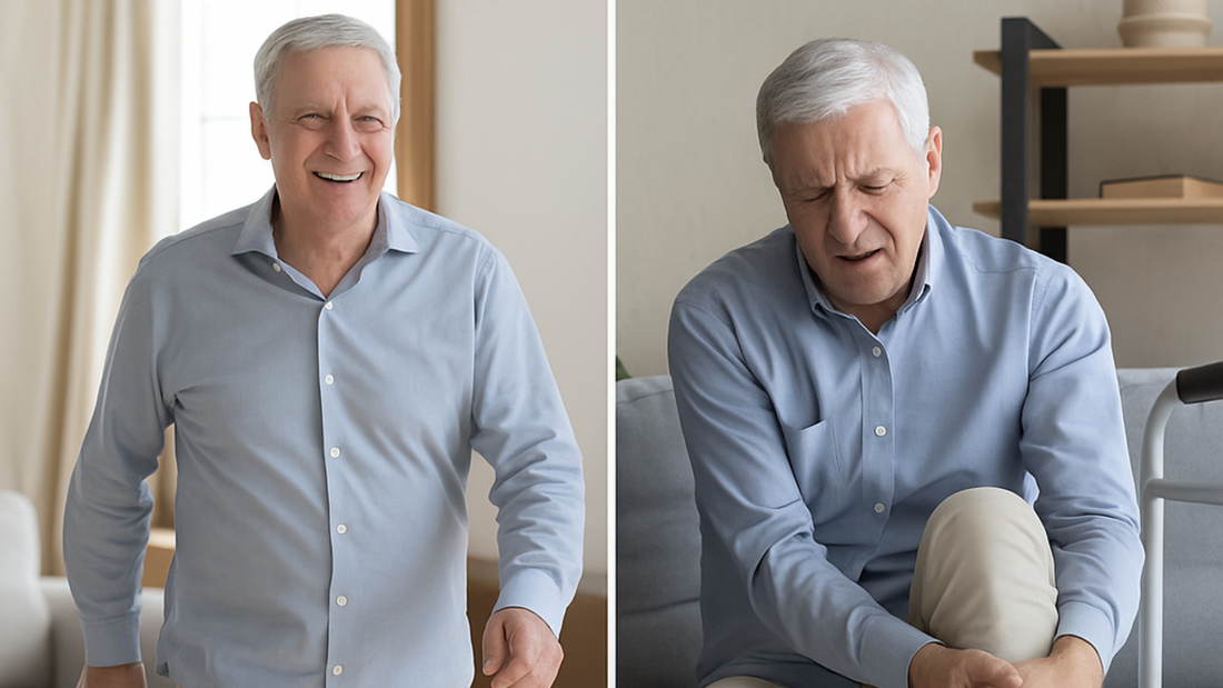 Side-by-side image of an older man confidently walking on the left and struggling with a walker on the right, showing the difference between expected and real recovery.