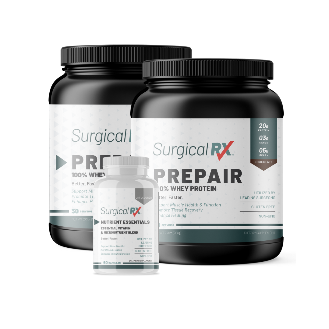 Two containers of Surgical RX Pre-Repair whey protein on transparent background with one container of SurgicalRx Nutrient Essentials multivitamin, front view