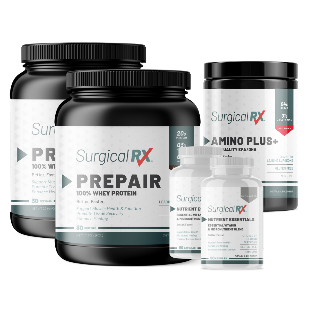 2 Surgical RX protein powder 2 SurgicalRx Nutrient essentials multivitamin, and 1 SurgicalRx Amino+ amino acid supplements and bottles on a transparent background