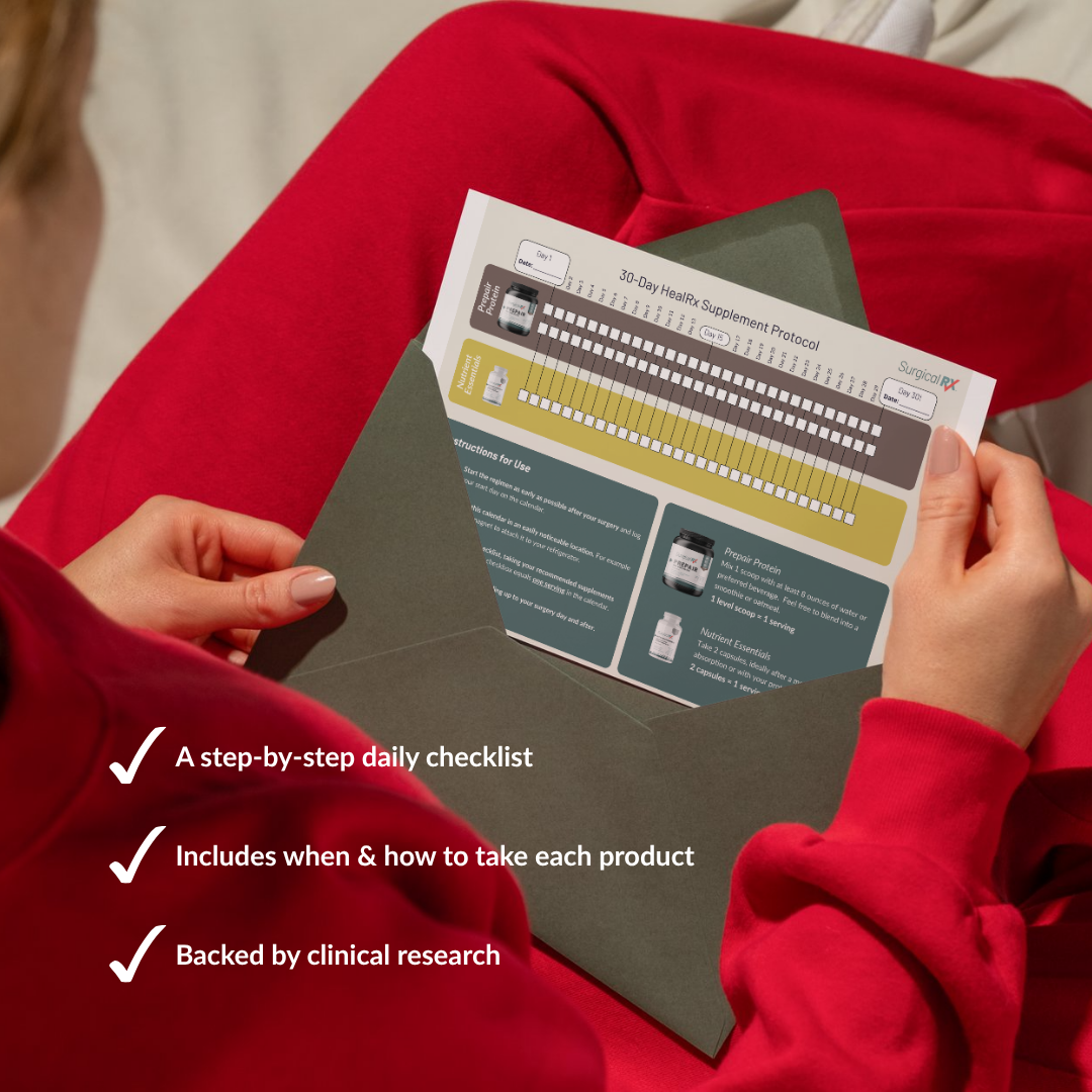 Person holding a SurgicalRx supplement protocol document with text about its features.