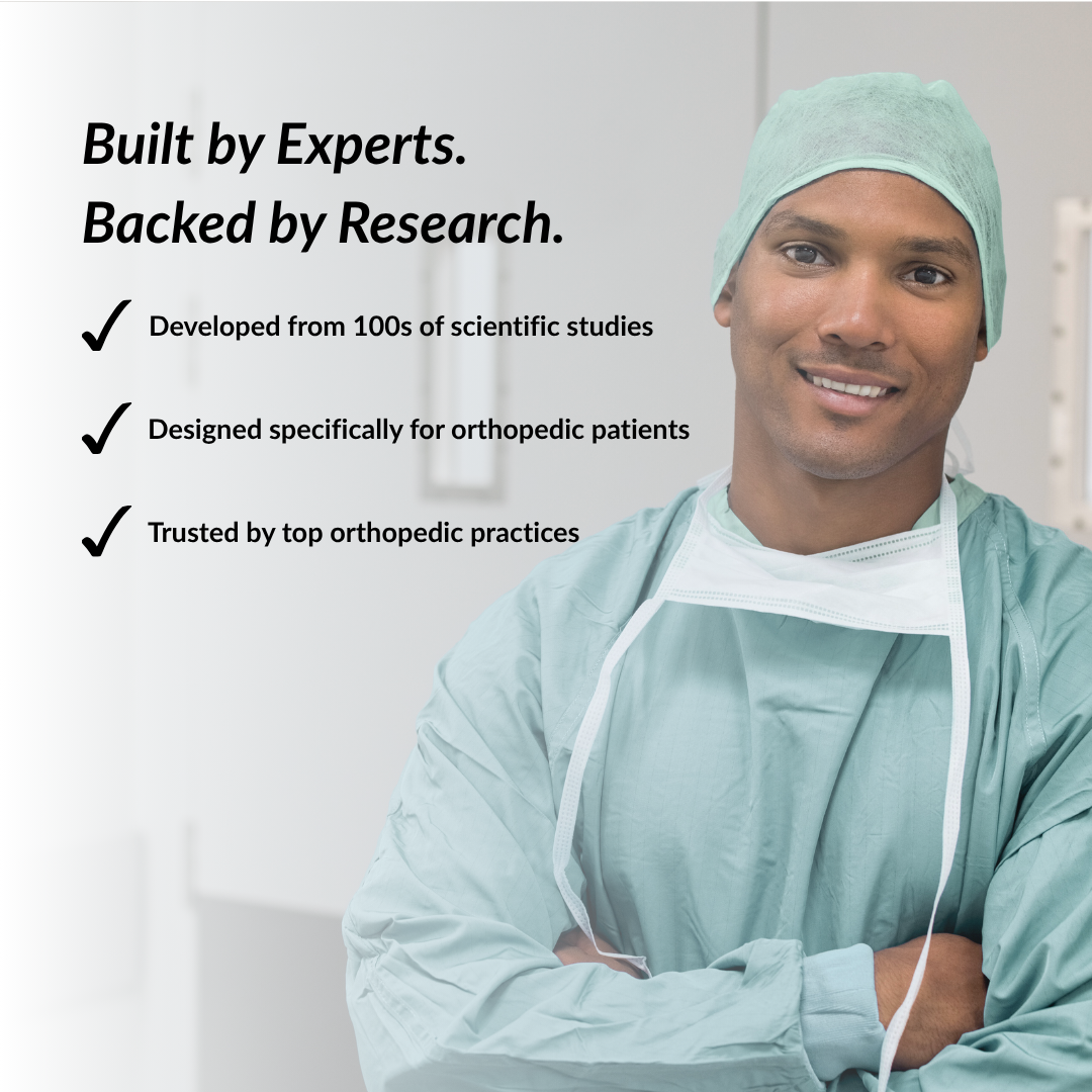 Orthopedic surgeon in surgical attire with text about SurgicalRx product development and trustworthiness