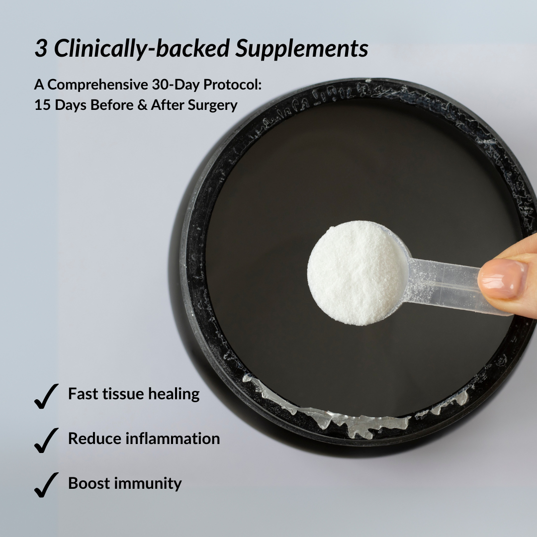 Amino acid powder in a scoop with a black container on a light gray background, featuring text about surgical benefits of the supplements.