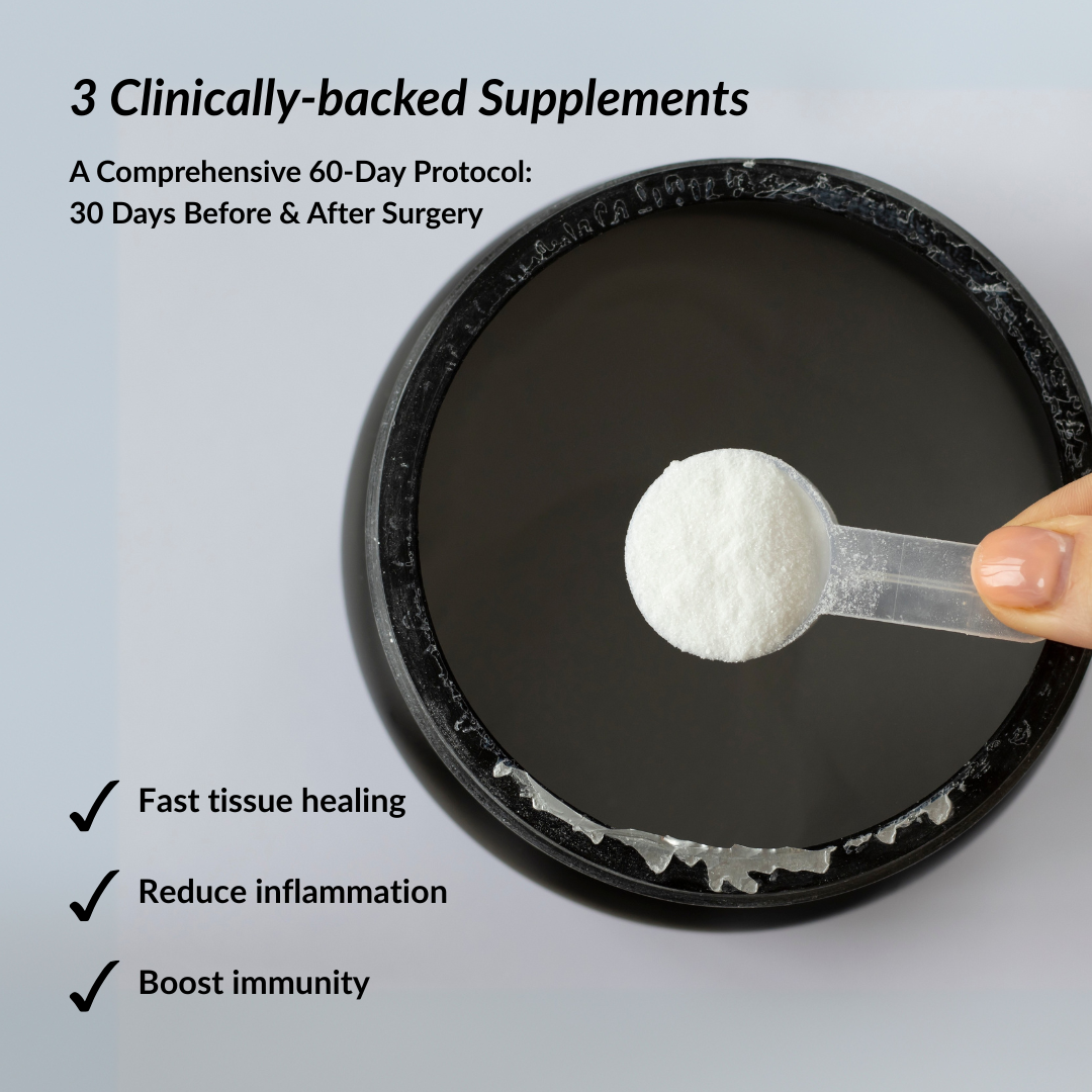 Amino acid powder in a scoop over a black container with text about clinically-backed surgical supplements.