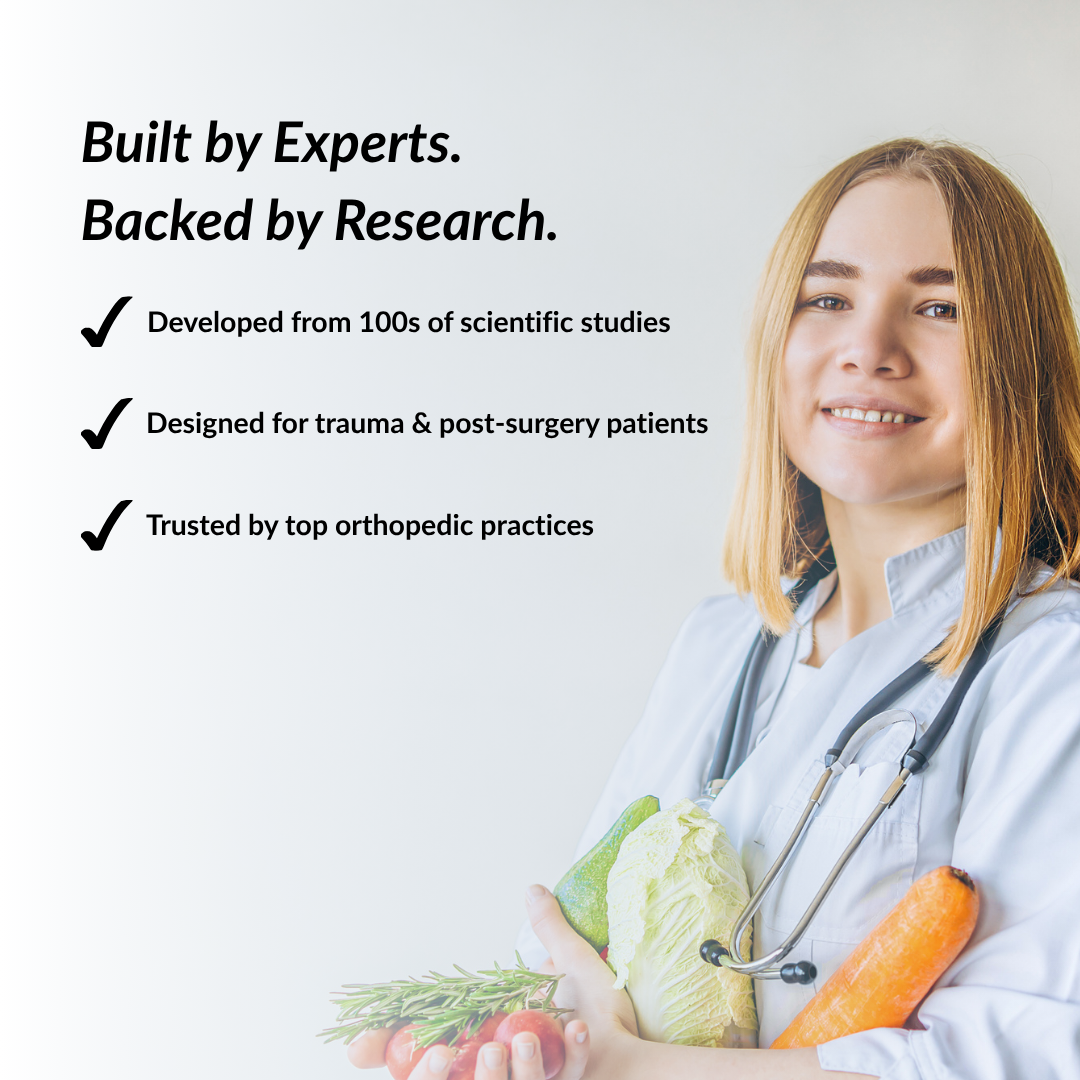 Female nutritionist in a white coat holding vegetables with text about expertise and research used to develop SurgicalRx products.