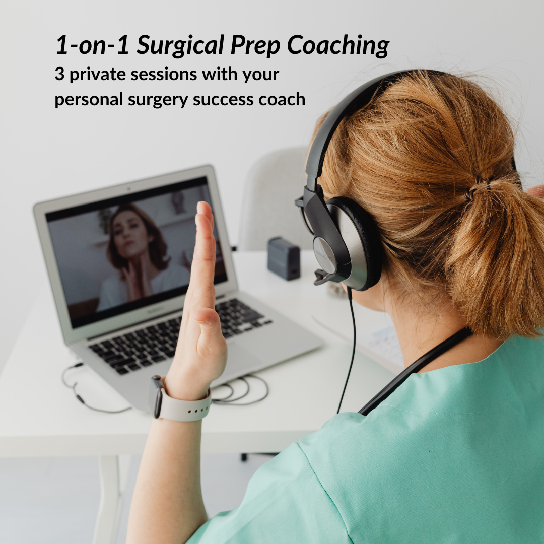Surgical health coach in scrubs with headphones and laptop, participating in 1-on-1 surgical prep coaching.
