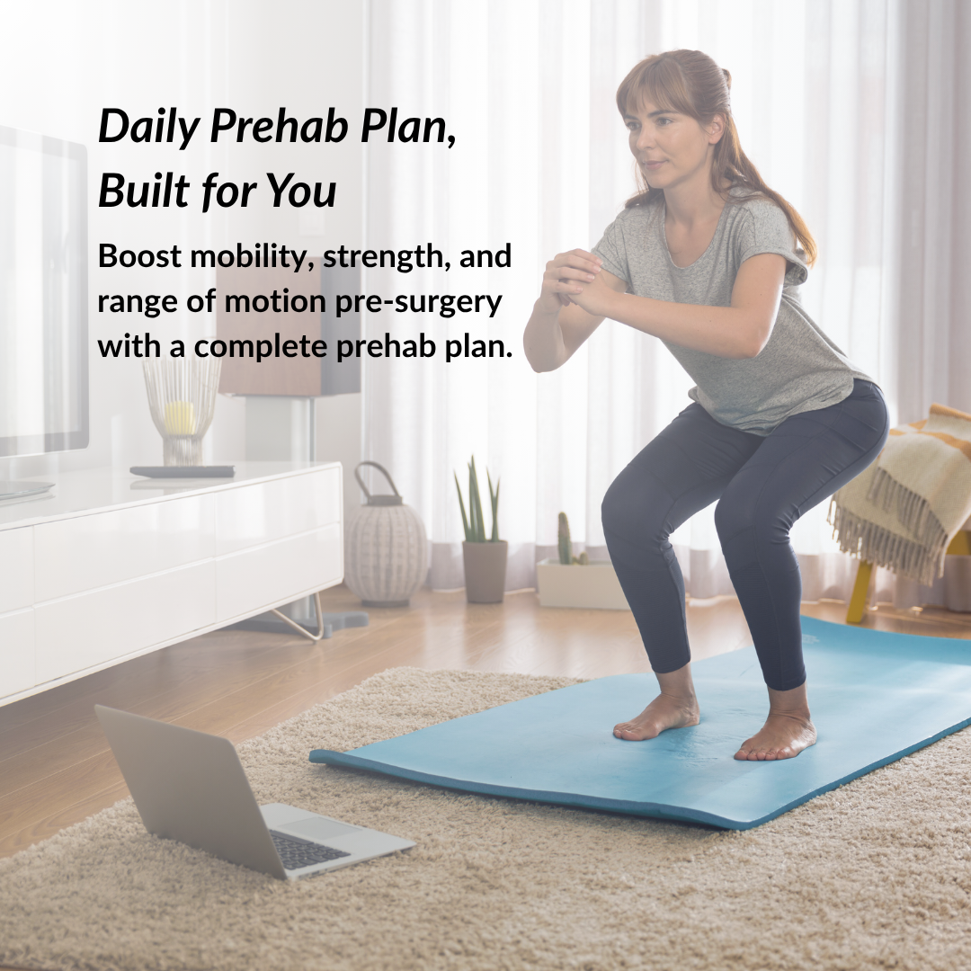 Surgical patient woman exercising on a mat with a laptop in a living room, promoting a prehab plan.
