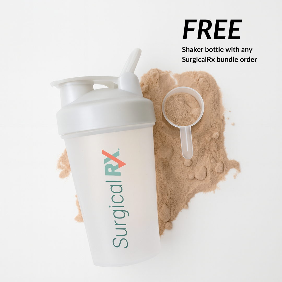 SurgicalRX shaker bottle with protein powder on a white background