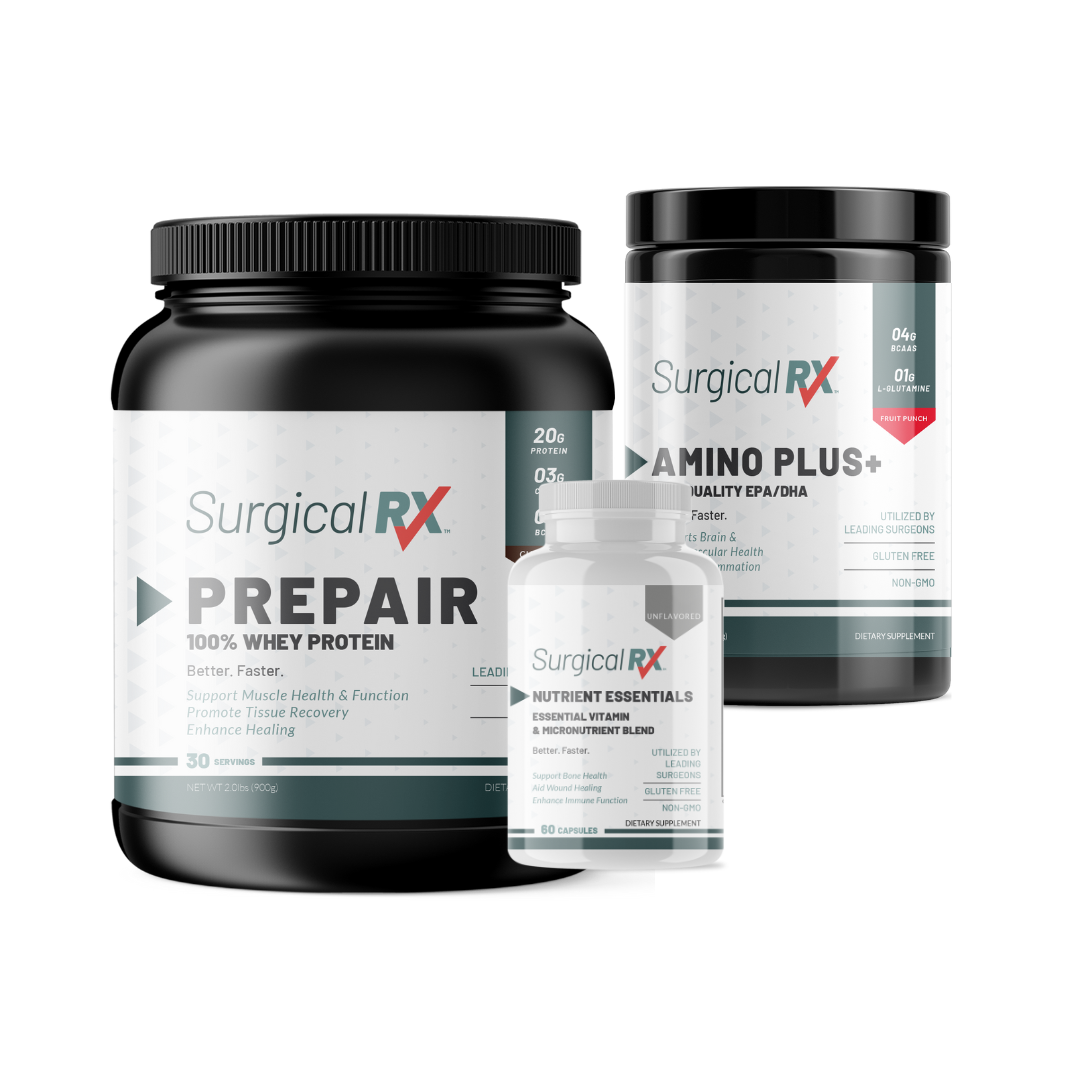 Three Supplements from Surgical RX including Prepair, Amino Plus+, and Nutrient Essentials on a transparent background