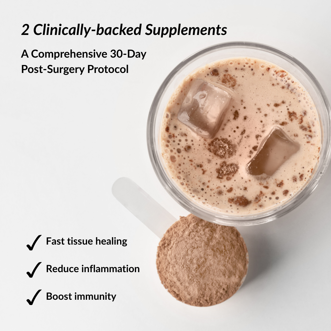 Glass of chocolate protein shake with a scoop of powder, featuring text about the benefits of the supplements during surgical recovery.