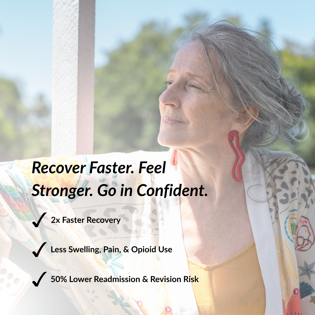 Woman with gray hair and red earrings sitting outdoors with text about faster surgical recovery and confidence.