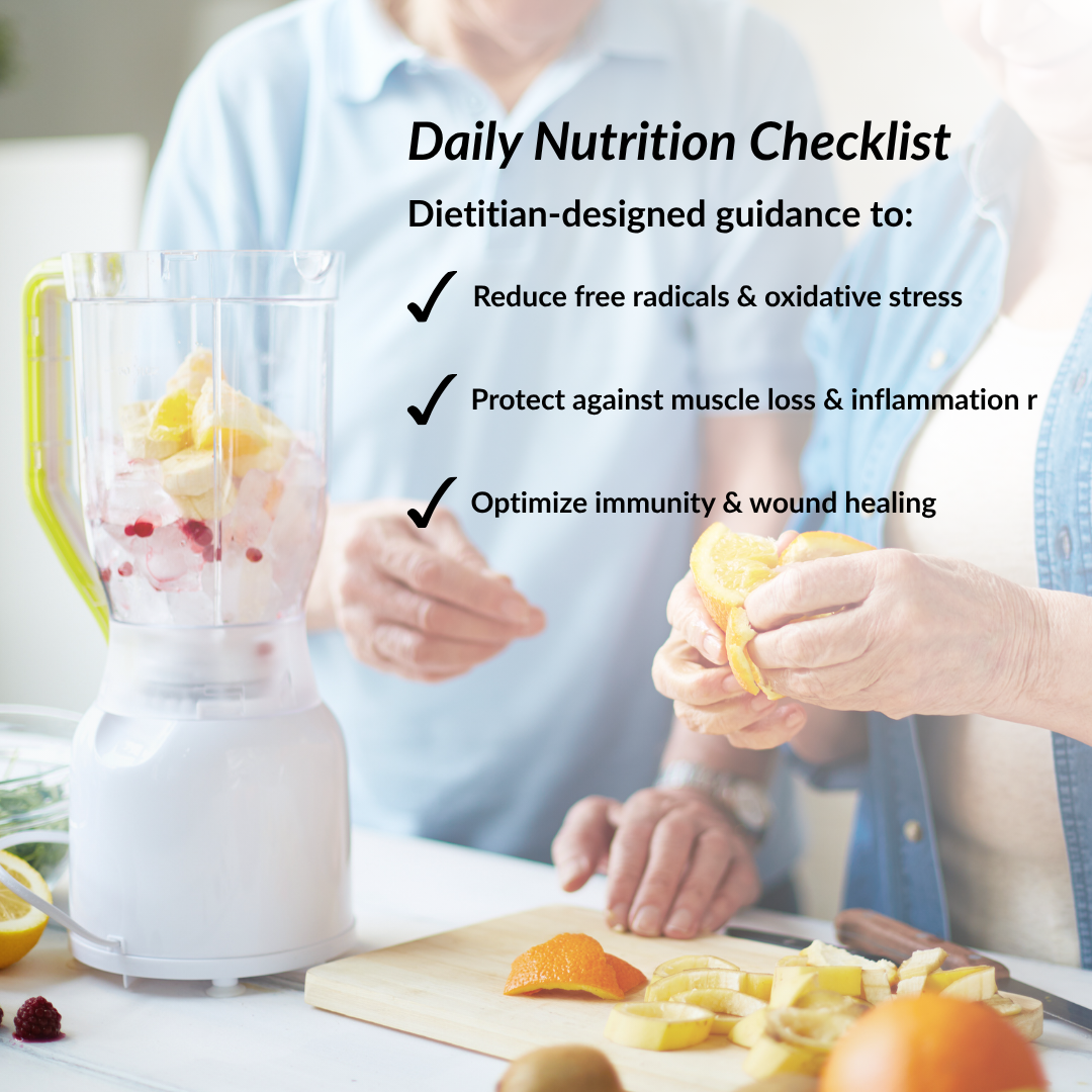 Surgical patient preparing a smoothie with fruits and a blender, with text about daily nutrition and health benefits.
