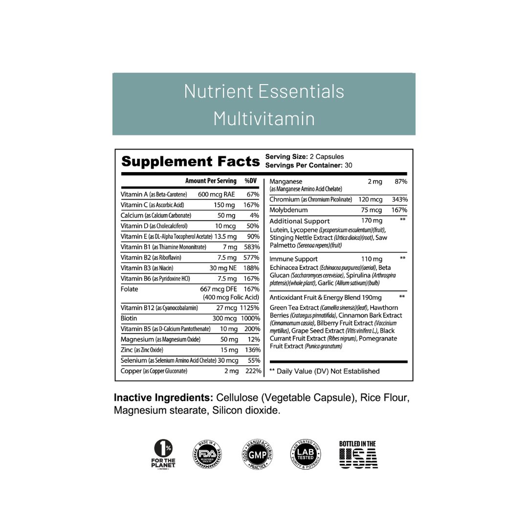 Surgical multivitamin supplement label with nutrient information and inactive ingredients on a white background.