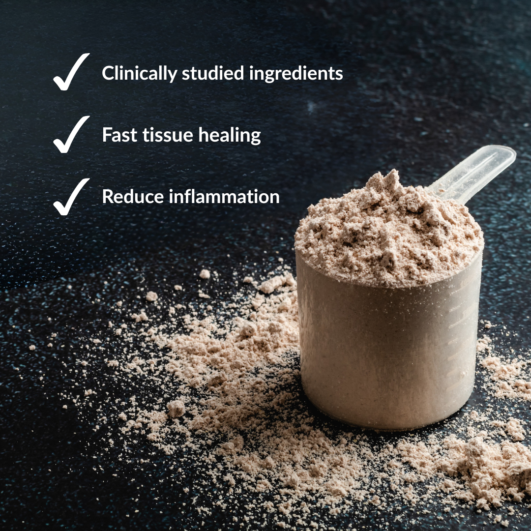 Supplement powder in a scoop with text related to clinically studied ingredients, faster surgical tissue healing, and inflammation reduction on a dark background.