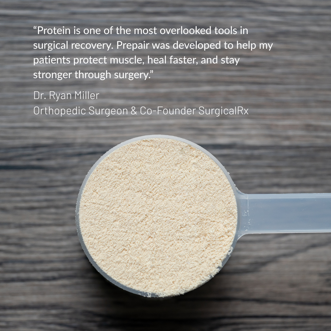 Scoop of protein powder with a quote from Dr. Ryan Miller, orthopedic surgeon related to the importance of protein on recovery from surgery.