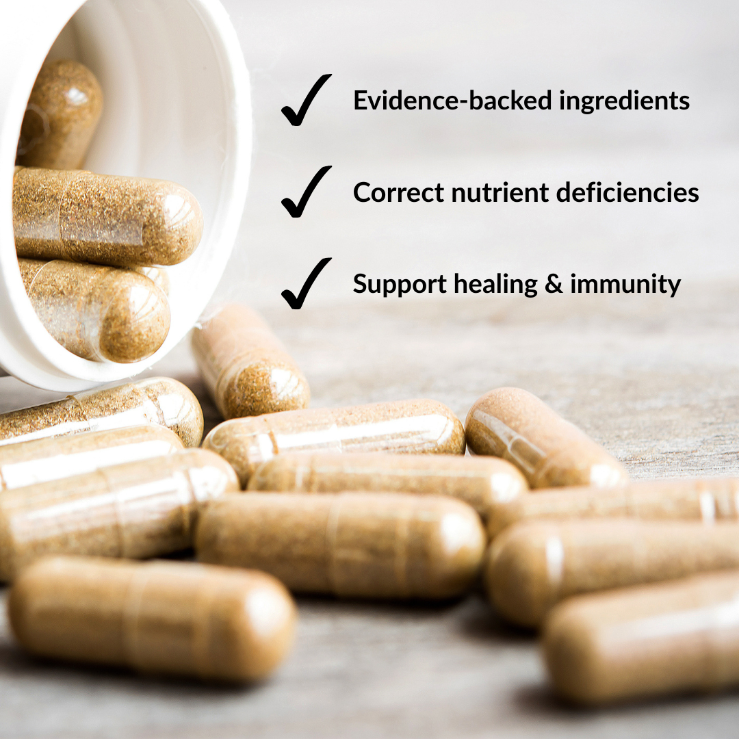 Supplement capsules for surgery on table coming out of bottle with text related to benefits for surgical patients