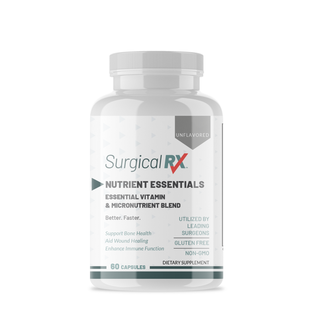 A bottle of Surgical RX Nutrient Essentials, which is a dietary supplement containing essential vitamin blend designed for surgical patients.