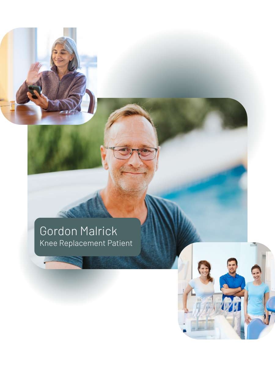Collage of images featuring surgiacl patients and a healthcare professional, with a focus on knee replacement patient as well as hip replacement patient talking to a health coach online.