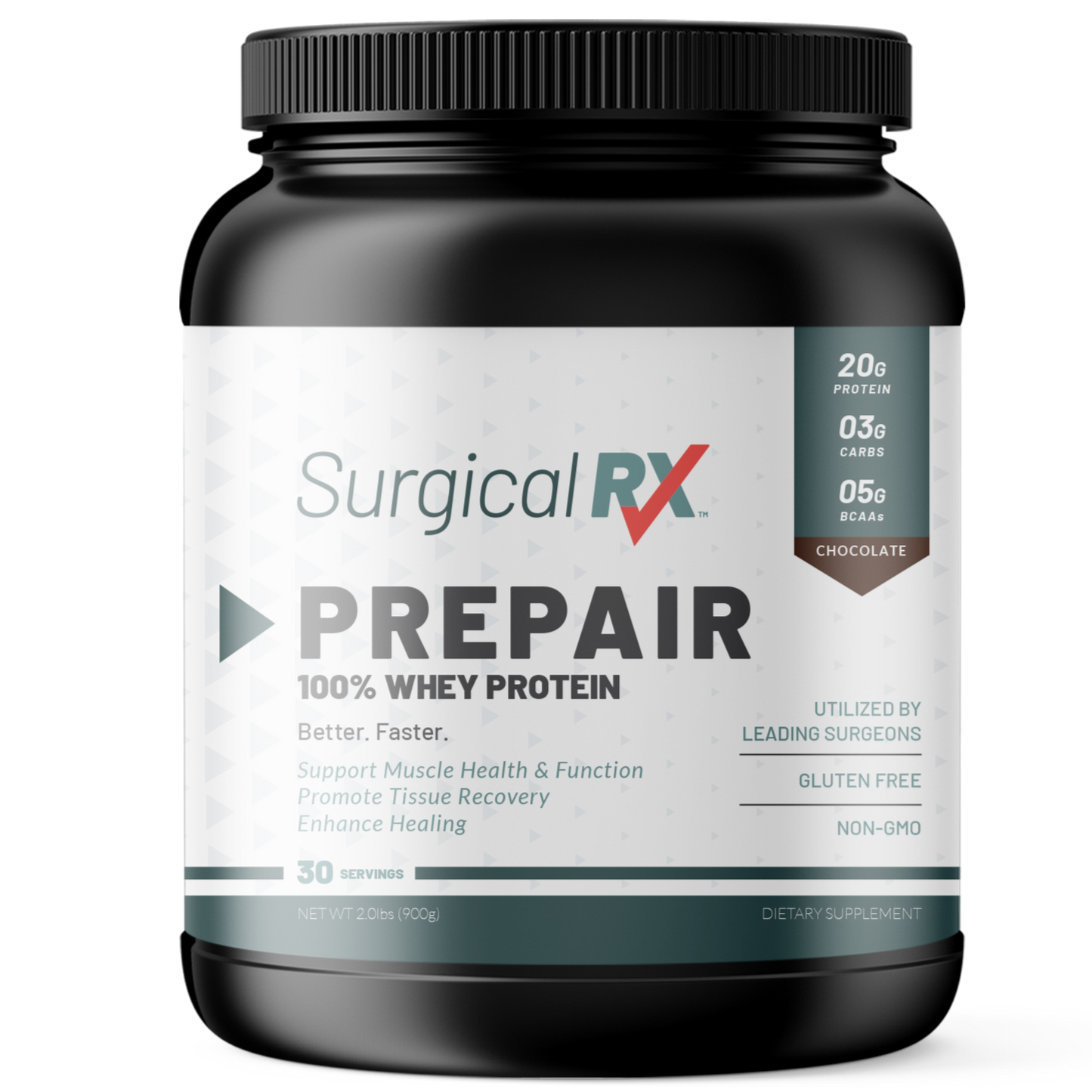 A container of Prepair Protein by SurgicalRx, labeled as '100% Whey Protein' with label regarding benefits associated with surgical recovery