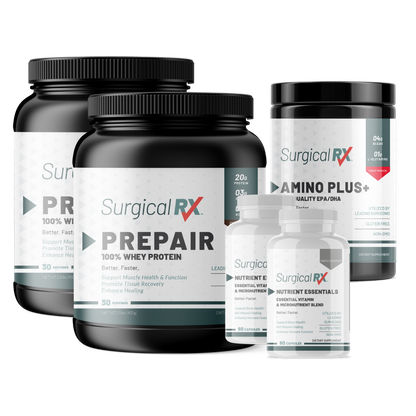 2 Surgical RX protein powder 2 SurgicalRx Nutrient essentials multivitamin, and 1 SurgicalRx Amino+ amino acid supplements and bottles on a transparent background