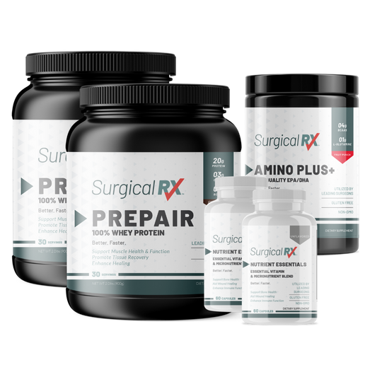 2 Surgical RX protein powder 2 SurgicalRx Nutrient essentials multivitamin, and 1 SurgicalRx Amino+ amino acid supplements and bottles on a transparent background